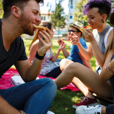 people on grass eating pizza
